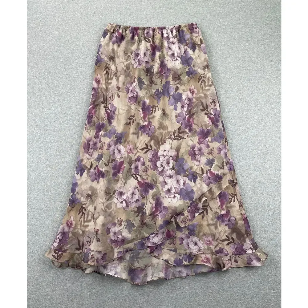 90s VTG Fairy Grunge 2-pc Floral Maxi Skirt Set 8P Purple Whimsigoth Ruffle Trim